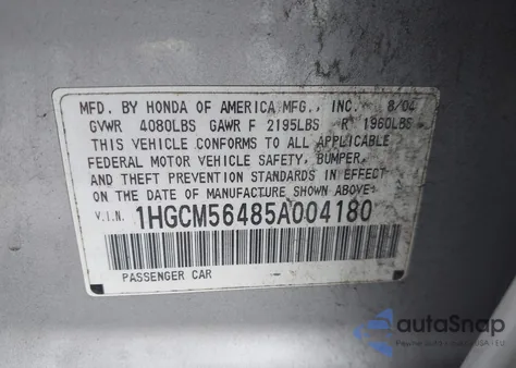 2005 Honda Accord 2.4 Lx from USA, damaged, VIN 1HGCM56485A004180